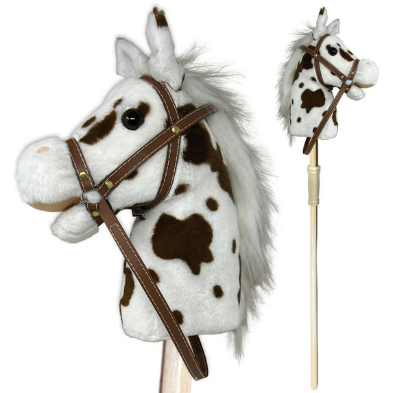 Playful Minds: Stick Pony - Pinto - White & Brown Spots, 34" Wood Stick Ride-On, 12" Plush Horse Head, Realistic Animal Sounds, Bridle Reins, Kids 3+