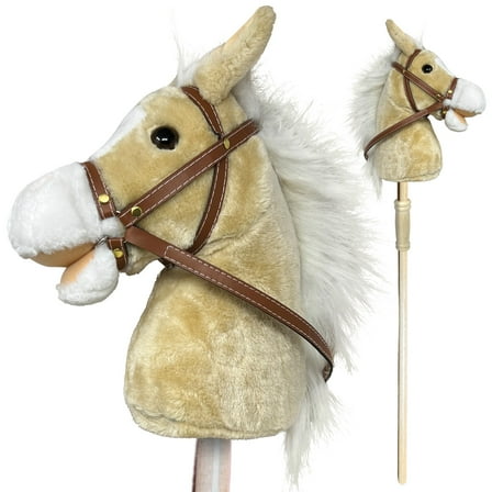 Playful Minds: Stick Pony - Palomino - Tan Brown, 34" Wood Stick Ride-On, 12" Plush Horse Head, Realistic Animal Sounds, Bridle & Reins, Kids 3+