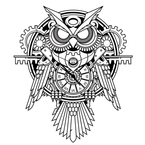 Stick And Peel Owl Clock Mechanism Wall Art Decal | 20" x 22" Vinyl Adhesive Mechanical Bird Home Decor DIY Removable Bedroom Living Room Geared Robotic Animal Sticker Decoration