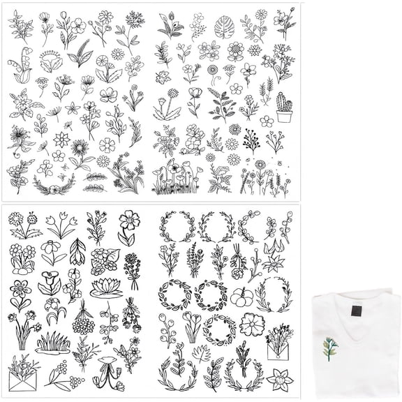 Stick and Stitch Embroidery Patterns  122 Floral Designs on 2 Water-Soluble Transfer Sheets, 8.3"x11.7" Self-Adhesive Templates for Hand Embroidery on Clothing, Accessories & Fabric  Easy