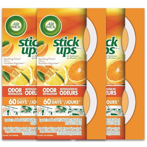 Stick Ups Air Freshener, Pack of 3, Odor Eliminator for Small Spaces, Sparkling Citrus Scent, Total of 6 Pucks Lasts Up To 30 Days Each, for Bathroom, Kitchen, Garbage Can, Cat Litter Box, Car