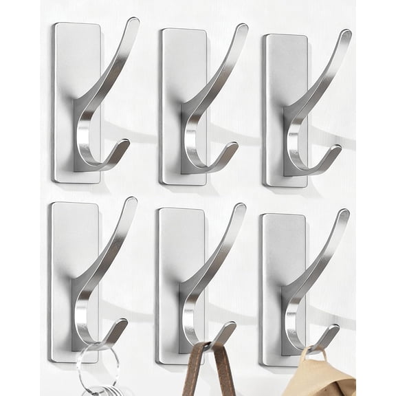 Stick on Hooks for Hanging, Extra Sticky 6KG (Max), Coat Hook on Door for Towel Coat Hat Key, Self Adhesive Hangers Wall Mounted, Silver, 6 Pack