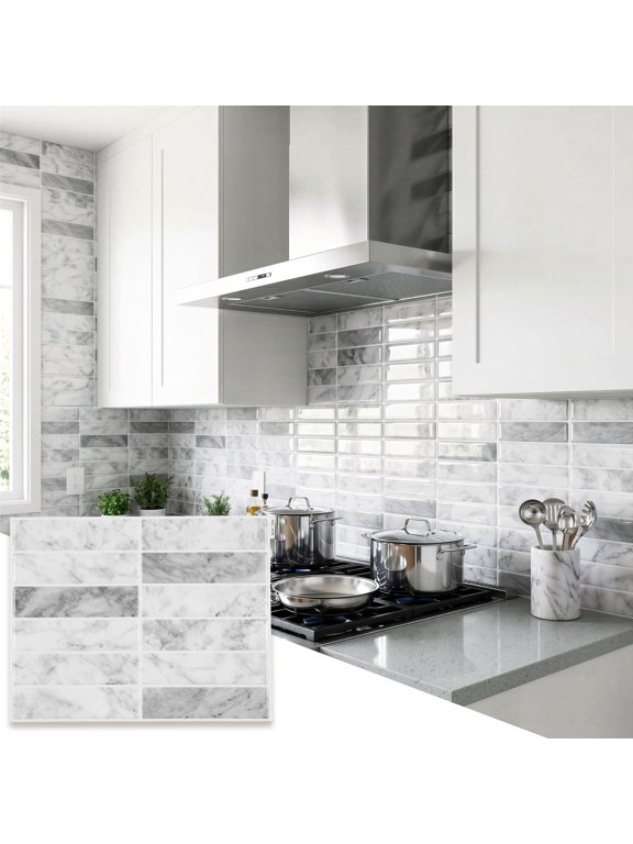 10Pcs 3D Peel and Stick Backsplash 11.4"x9" Self-Adhesive Wall Tile for Kitchen Bathroom, Marble White