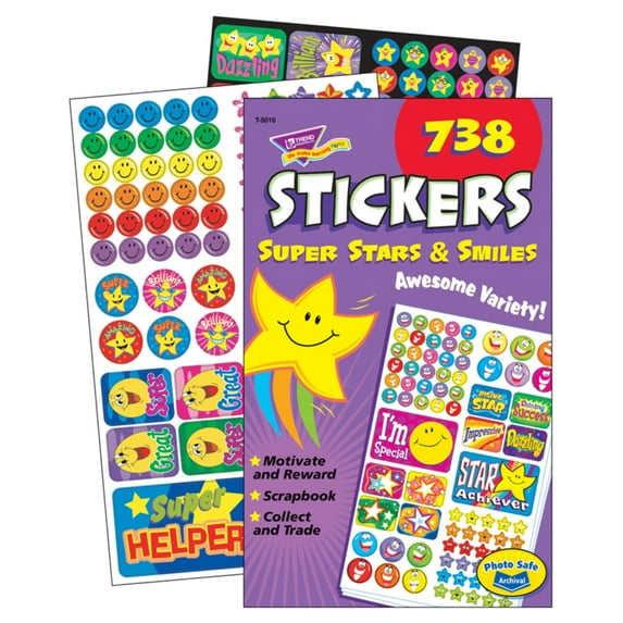 Sticker Assortment Pack, Super Smiles And Stars, Assorted Colors, 738 Stickers/pad | Bundle of 5 Pads