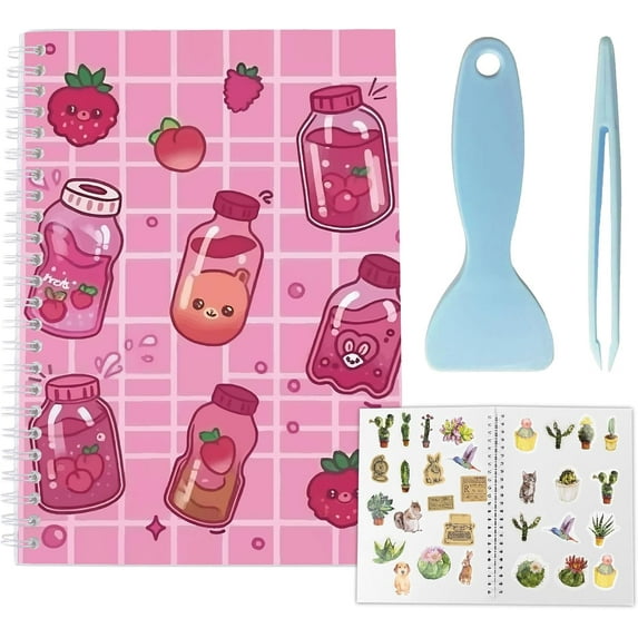 Sticker Book 40 Pages Pink Strawberry Reusable Album Storage 8.26x5.82In Double-Sided Waterproof Blank Pasteable Notebook with Tools for Adults Release Paper Holder Saver Organizer Colorful DIY