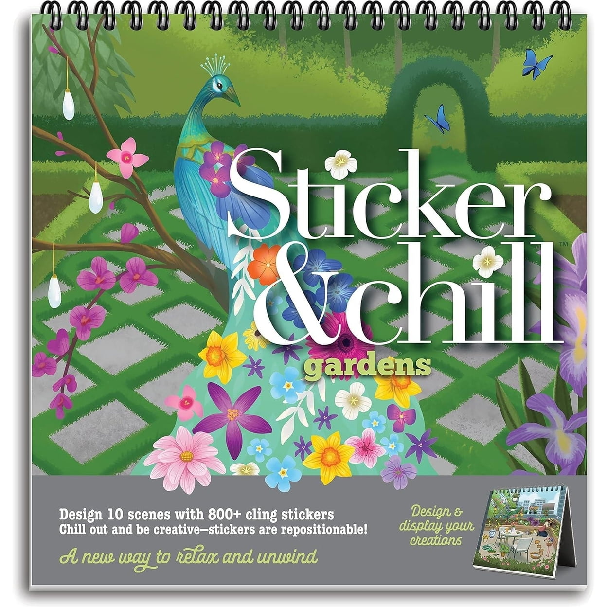 Sticker & Chill Gardens Book for Adults Stress Relieving Spiral Bound Scene