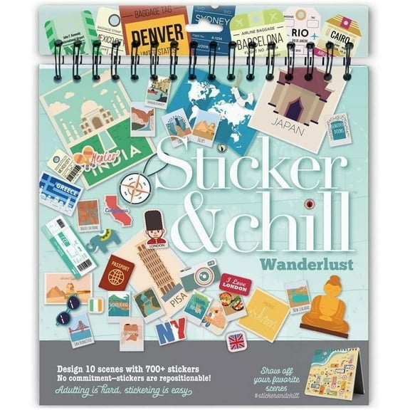 Sticker & Chill Sticker Book for Adults 700+ Repositionable Colorful Clings Create Designs on 10 Spiral Bound Scene Pages Easy, Fun & Stress Relieving Relaxation Activity Wanderlust Series
