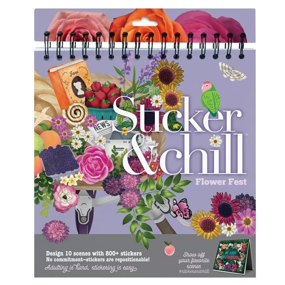 Sticker & Chill Sticker Book for Adults  800+ Repositionable Colorful Clings Create Designs on 10 Spiral Bound Scene Pages  Easy, Fun & Stress Relieving Relaxation Activity  Flower Fest Series