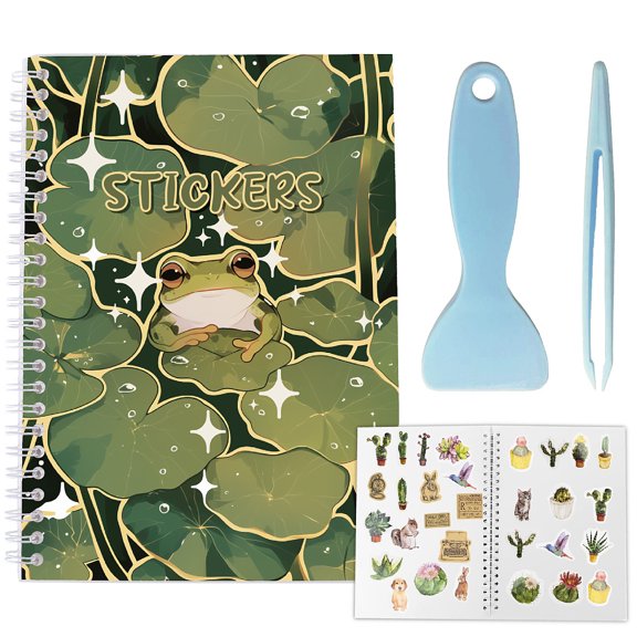 Sticker Collection Book Hand Account Release Paper with Tweezers and Scraper(Colors are Dispatched Randomly) Frog 210x148mm
