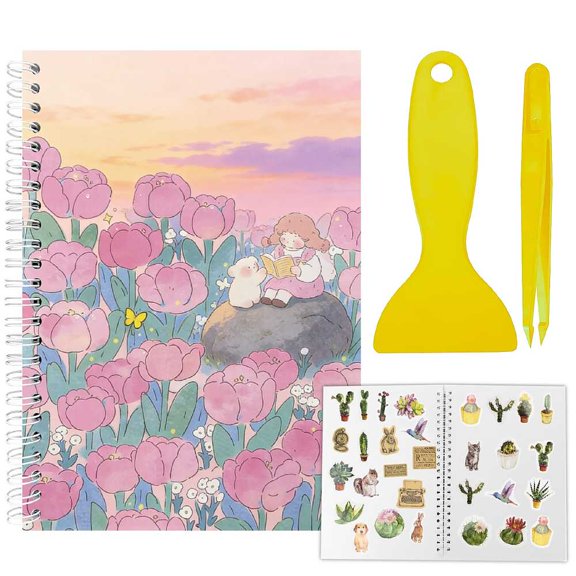Sticker Collection Book Hand Account Release Paper with Tweezers and Scraper(Colors are Dispatched Randomly) Tulip 210x148mm