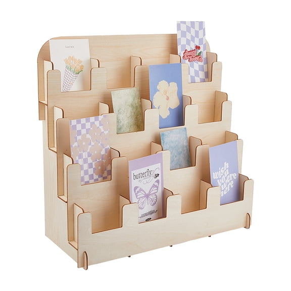 Sticker Display Stand 4-Tier 16-Slot 14.17x15.74inch Wooden Display Riser Stands Counter Retail Display Rack Postcard Display Stand