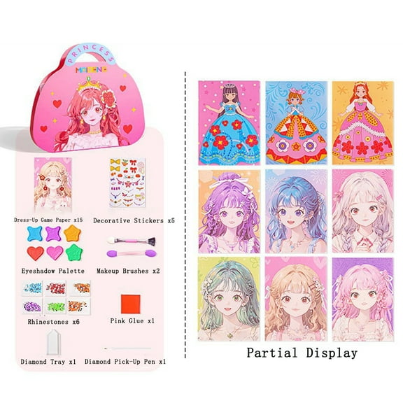 Sticker Makeup Game,DIY Paper Art Craft Kits,3 in 1 Princess Dress Up Game Set with Diamond Art Kits and Princess Fantasy Makeup Kit