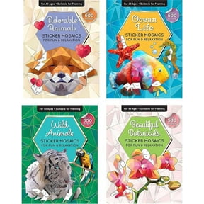 Sticker by Number Book Set for All Ages, Sticker Mosaics for Fun and Relaxation, Sticker Books for Adults Material Paper with Tear-Out Pages Featuring Animals, Ocean Life, and Plants (Set of 4 Books)