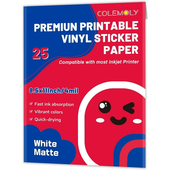Sticker Paper Printable Vinyl for Inkjet Printer 25 Sheets Matte White Waterproof Decals Adhesive Quick Drying Tear resistance Non-residue Label Vivid Color 8.5x11 In for Craft,Scrapbooking