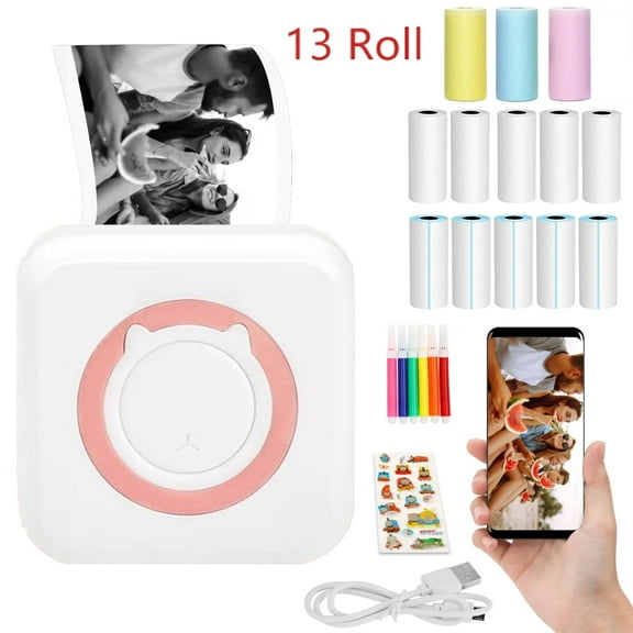 Sticker Printer with 13 Rolls Thermal Paper, Little Thermal Printer Compatible, Pocket Inkless Mini Sticker Maker, Label Maker Machine for Study, Journal, Memo, Notes