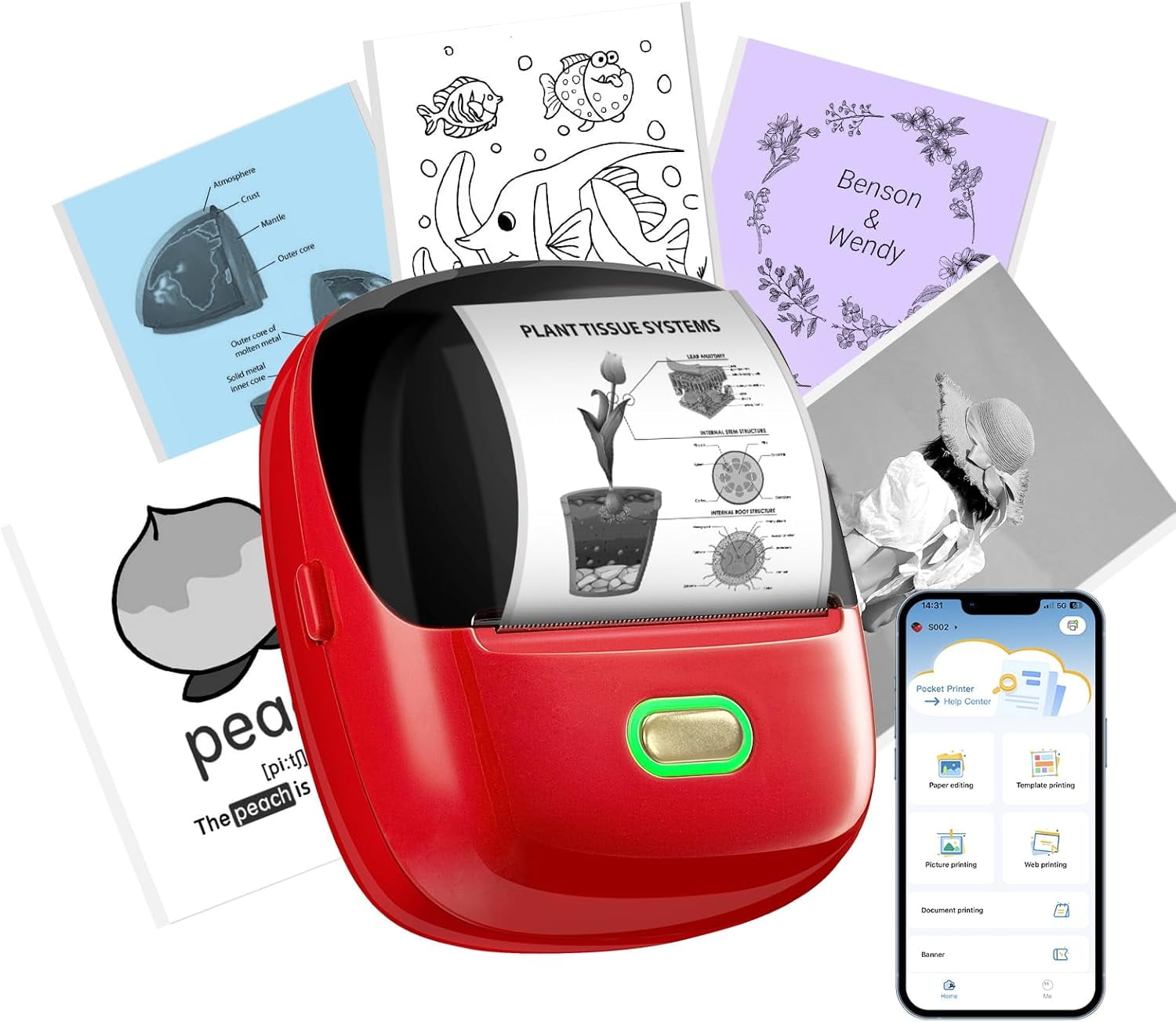 Sticker Printer, 300 DPI Ultra-Clear Mini Portable Sticker Maker with Banner Printing Function, Inkless Thermal Printer for Journaling, DIY Gifts, Study Note, Compatible with iPhone and Android
