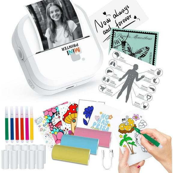 Sticker Printer - Bluetooth Inkless Printer&Sticker Maker with 13 Rolls Paper,Wireless Thermal Printer for iPhone/Android,Compact Print Pod for Notes,Journals,DIY,Kids Crafts&Unique Gift