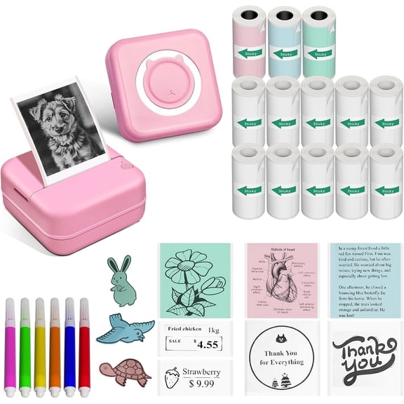 Sticker Printer - Mini Printer with 14 Rolls Self-Adhesive Papers, Pocket Label Maker for /Android, Thermal Machine for Students Birthday,