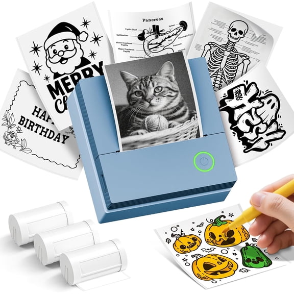 Sticker Printer, PM290C Portable Mini Printer, Inkless Bluetooth Sticker Maker with 3 Rolls Paper, Impresora Porttil for Notes, Journal, DIY, Gift, Print Pod for School/Office, Blue 1pack