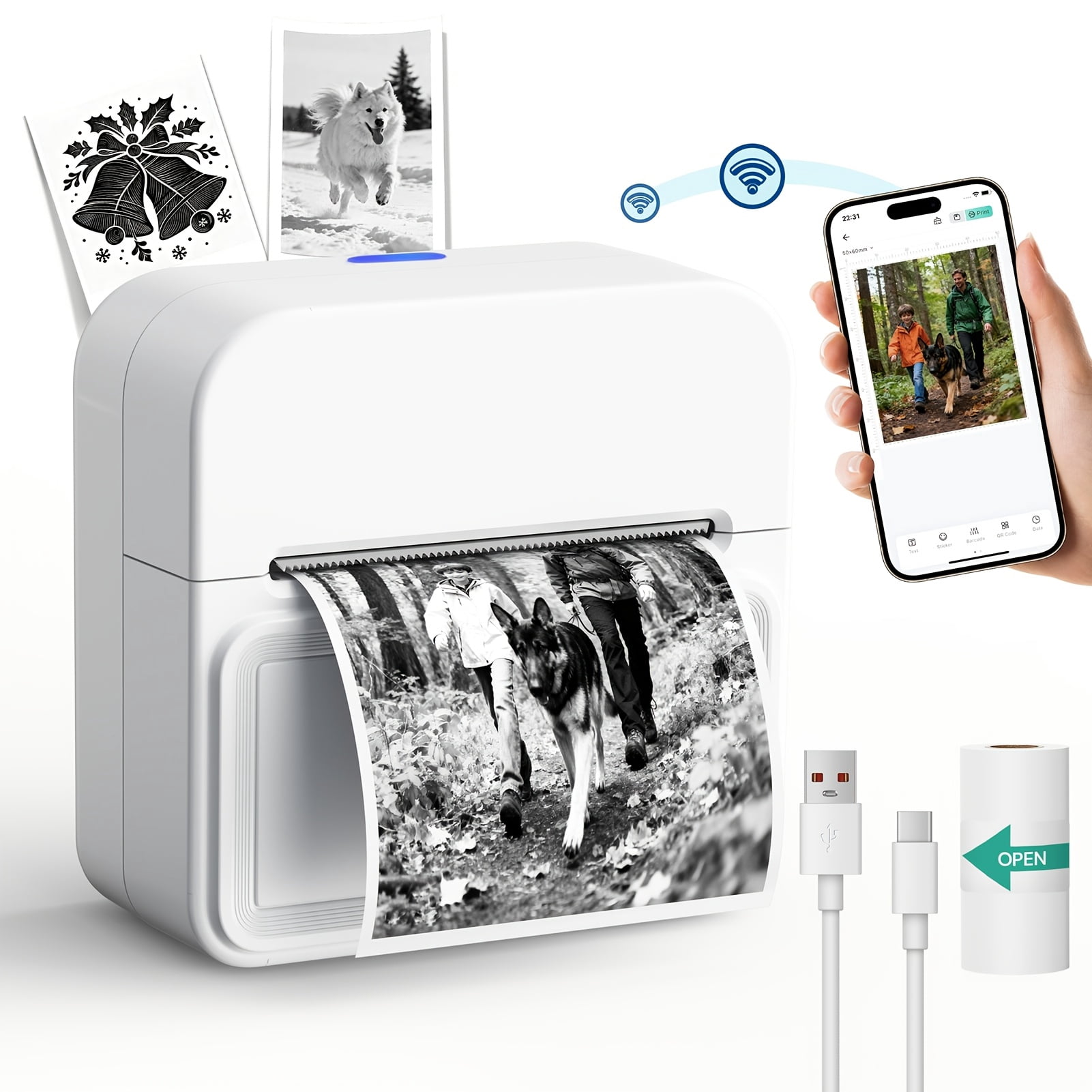 Sticker Printer, Portable Pocket Thermal Printer with 1 Roll Of Sticker Paper, Inkless Sticker Maker, Label Printer for Notes, Checklists, Mind Maps, DIY Home  Printer