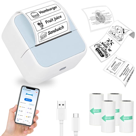 Sticker Printer, Portable Thermal Bluetooth Inkless Label Maker with 4 Roll Paper, Mini Sticker Maker Machine for Student, Teacher, School, DIY - Blue