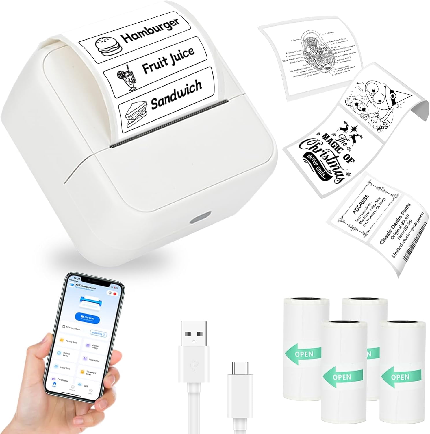 Sticker Printer, Portable Thermal Bluetooth Inkless Label Maker with 4 ...