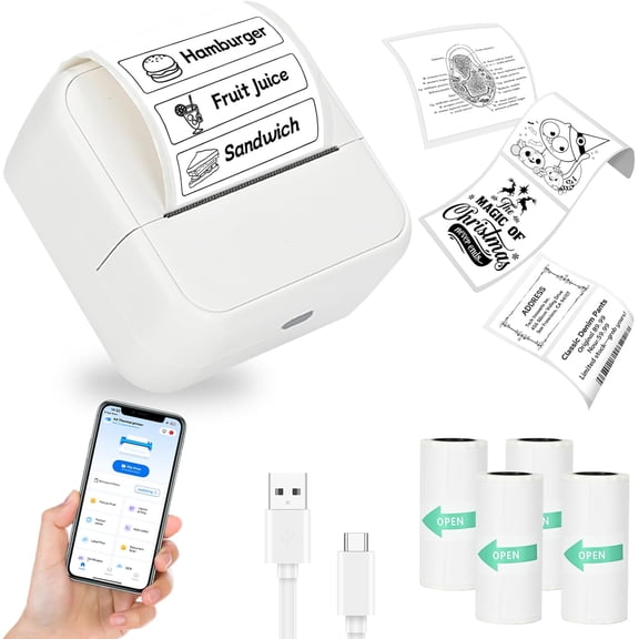 Sticker Printer, Portable Thermal Bluetooth Inkless Label Maker with 4 Roll Paper, Mini Sticker Maker Machine for Student, Teacher, School, DIY - White