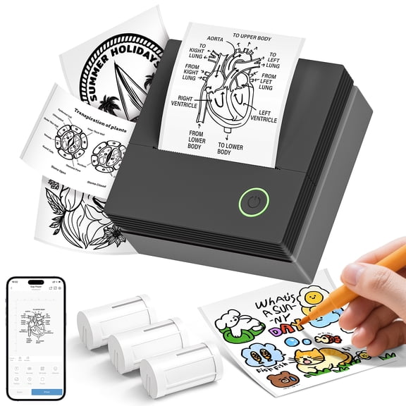 Sticker Printer with Inkless Wireless Printing, Portable Mini Label Maker Black, 3 Rolls