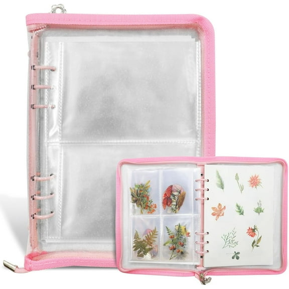 Sticker Storage Organizer Binder A5 Reusable Collecting Book Zipper Album for Adult with Blank Release Paper and Pocket Pages (Pink)
