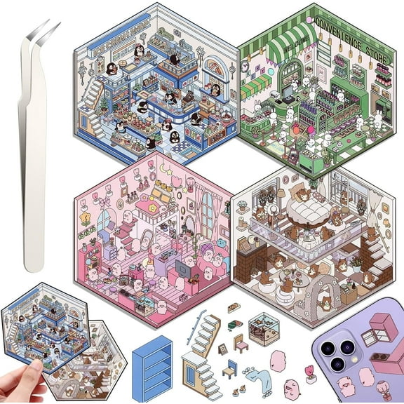 Sticker Therapy 4 Set DIY 3d House Stickers Fun Sticker Scene with Tweezers