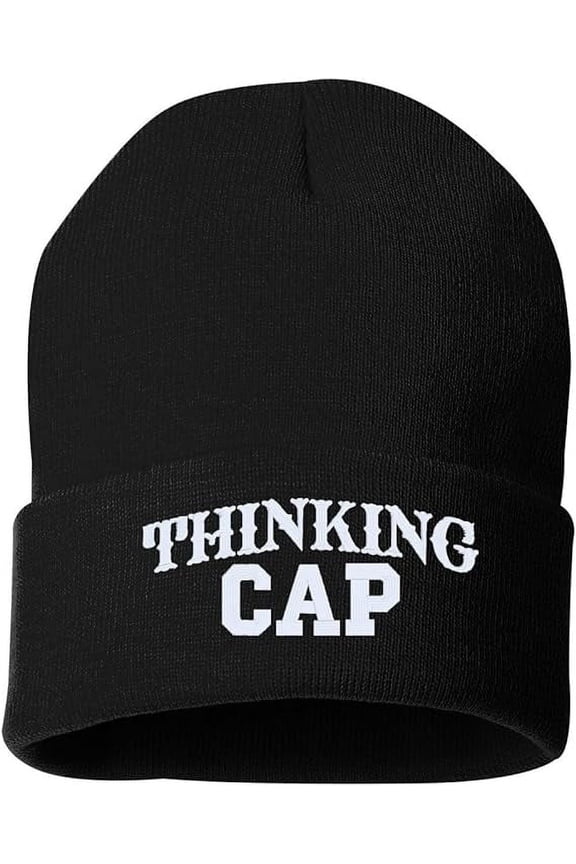 Thinking Cap Cuffed Embroidered Beanie Hat (Color: Black w/White Thread) Embroidered, Winter Cuffed Beanie