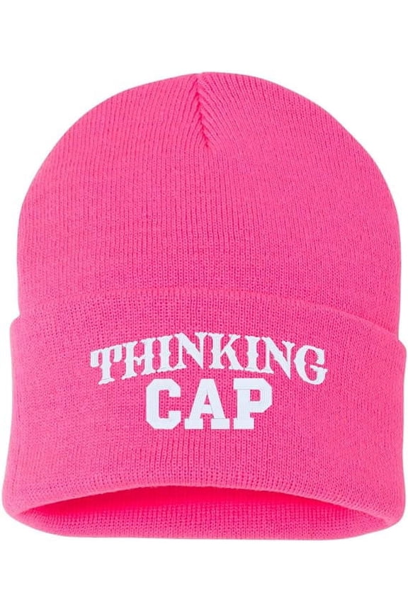 Thinking Cap Cuffed Embroidered Beanie Hat (Color: Neon Pink w/White Thread) Embroidered, Winter Cuffed Beanie