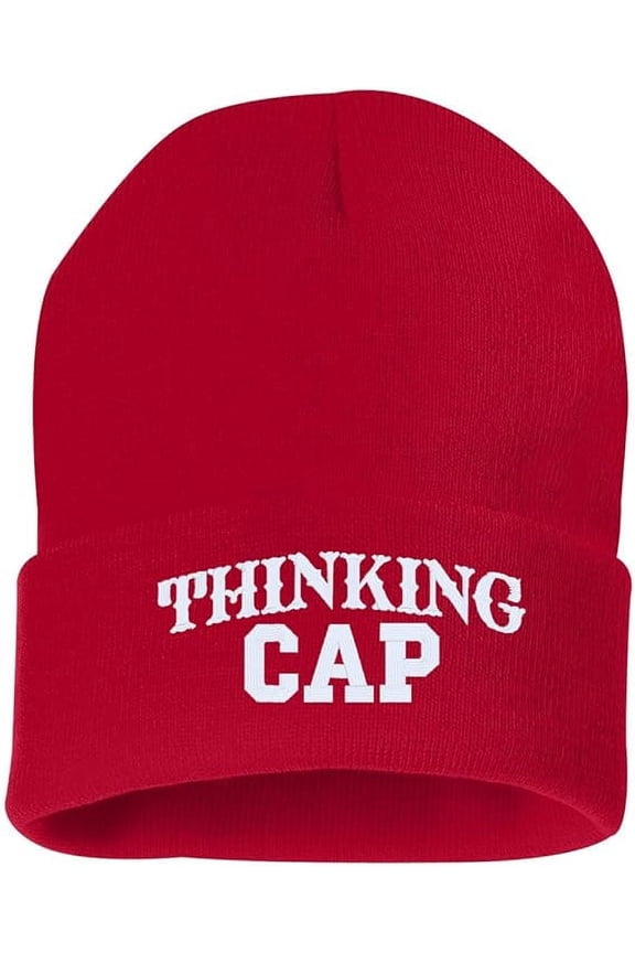 Thinking Cap Cuffed Embroidered Beanie Hat (Color: Red w/White Thread) Embroidered, Winter Cuffed Beanie