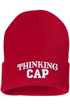 Thinking Cap Cuffed Embroidered Beanie Hat (Color: Red w/White Thread) Embroidered, Winter Cuffed Beanie