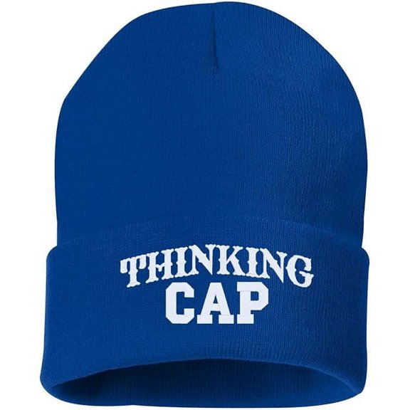 StickerDad Thinking Cap Cuffed Embroidered Beanie Hat (Color: Royal w/White Thread) Embroidered, Winter Cuffed Beanie