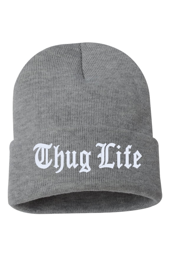Thug Life Cuffed Embroidered Beanie Hat (Color: Dark Heather w/White Thread) Embroidered, Winter Cuffed Beanie