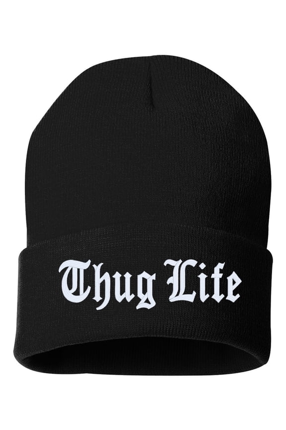 Thug Life Cuffed Embroidered Beanie Hat (Color: Navy w/White Thread) Embroidered, Winter Cuffed Beanie