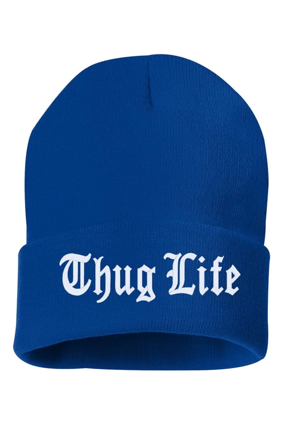 Thug Life Cuffed Embroidered Beanie Hat (Color: Royal w/White Thread) Embroidered, Winter Cuffed Beanie
