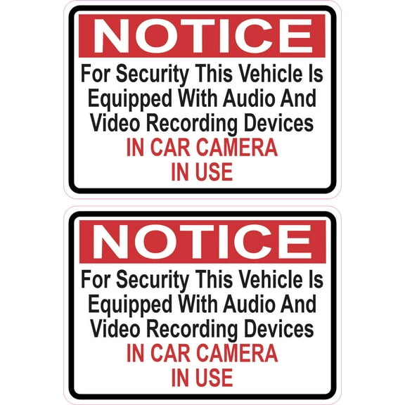 StickerTalk Notice in Car Camera in Use Vinyl Stickers, 1 sheet of 2 stickers, 3.5 inches x 2.5 inches each