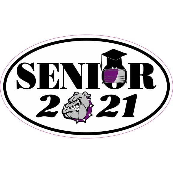 StickerTalk Purple Bulldog Face Mask Senior 2021 Vinyl Sticker, 5 inches x 3 inches