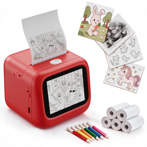 Stickerbox AI Voice-Powered Mini Sticker Maker for Kids Voice‑to‑image AI, 5 roll Paper & 6 colored pens, 6 art styles, sticker printer machine for DIY crafts, birthday gift