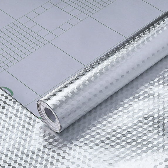 Stickers,Kitchen Oil Proof Aluminum Foil Sticker Silver Chequer Peel And Stick Wallpaper Removable And Adhesive Paper For Kitchen Countertops Desk Cabinet