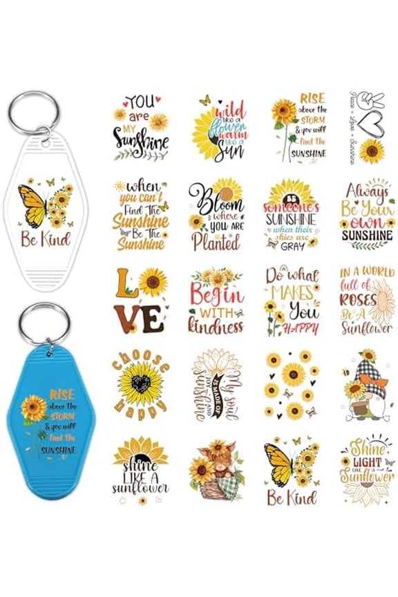 Stickers for Motel Keychain - 8 Sheets UV DTF Transfer Keyring Sticker Sunflower Highland Cow Car Hotel Keychains Labels Decorative Inspirational Quotes Wraps for Jewelry Identification