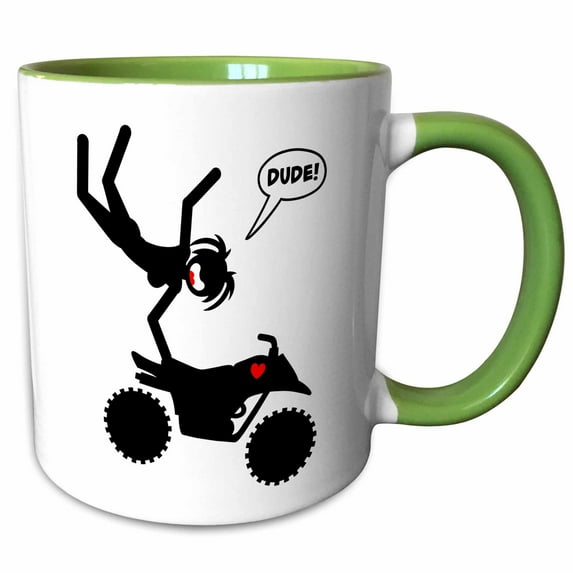 3drose, Stickgirl Getting Extreme Air on Her Quad Atv, Black Image on a White Background, 11oz Two-tone Green Mug