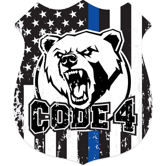 Stickios Code 4 Thin Blue Line Distressed Badge Decal - Back the Blue (4.1" x 4.9")