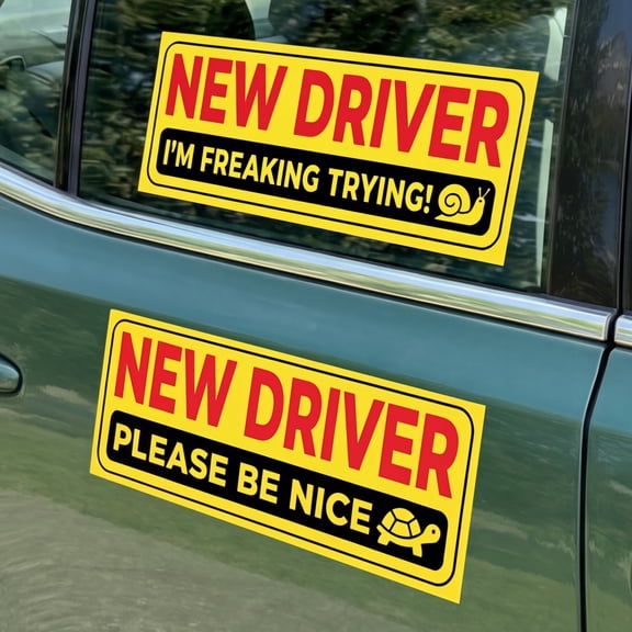 Stickios Funny New Driver Stickers (Non-Magnetic) - Reusable & Removable (2-Pack)