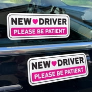 Stickios Pink New Driver Stickers - Non-Magnetic, Paint-Safe, Removable Please Be Patient Signs - Made in USA 2-Pack, 10.5 x 4 inches