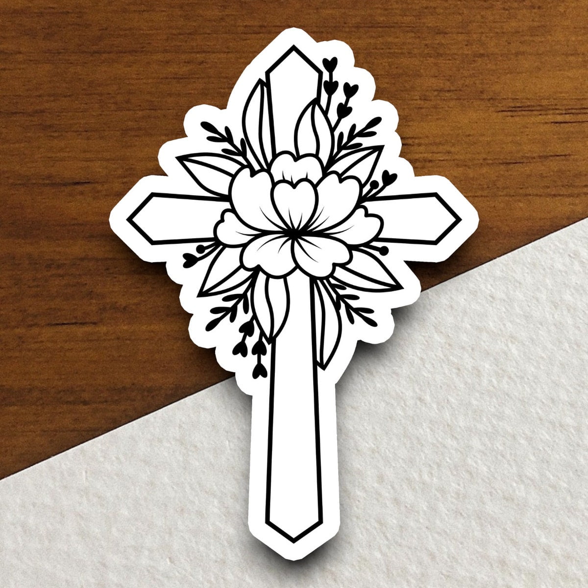 Stickly Church Cross With Flower Outline Sticker, Church Sticker, Cross ...