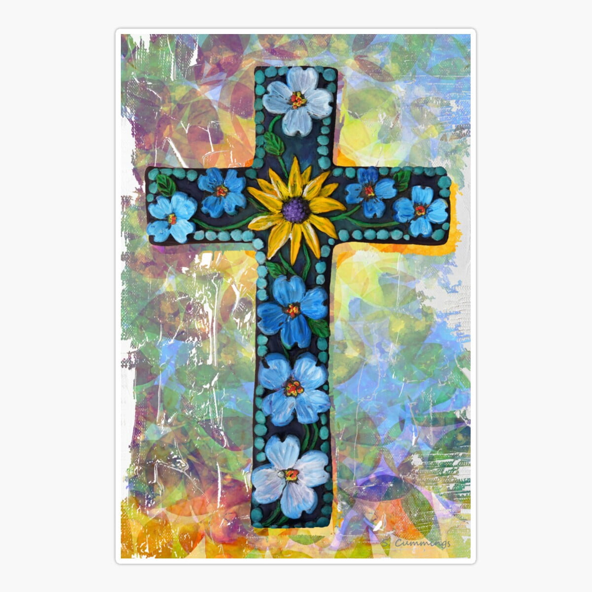 Stickly Colorful Floral Cross Art Sticker, Phone Decal Water Bottle ...