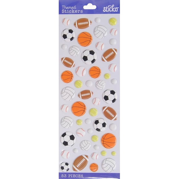 Sticko Classic Multicolor Puffy Sports Balls Solid Vinyl Stickers, 53 Piece